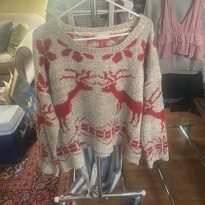 Christmas sweater with distressed neckline (tan and red) oversized